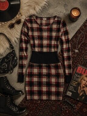 Red & Black Plaid Bodycon Mini Dress w/ Pockets NWOT
